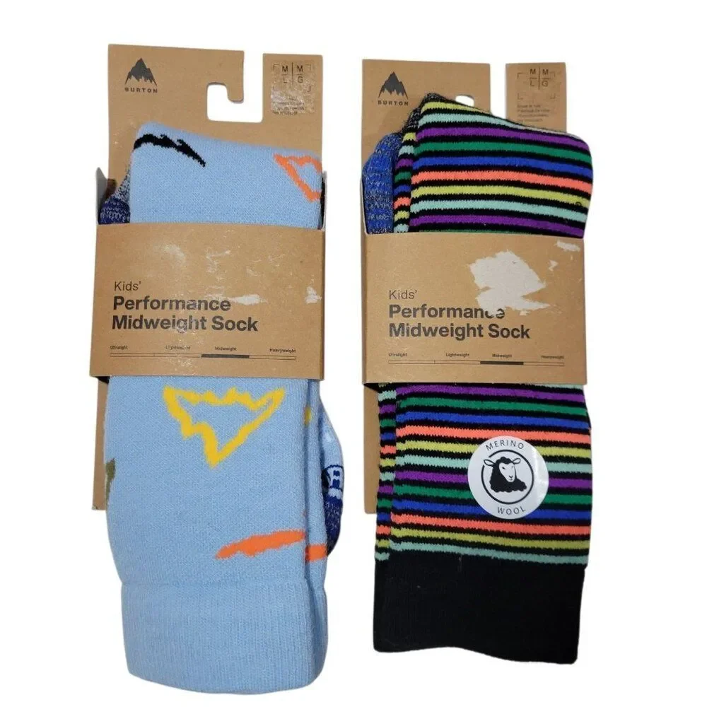 Burton Kids Performance Midweight Merino Wool Socks Youth Size M/L (2-4) 2 Pairs